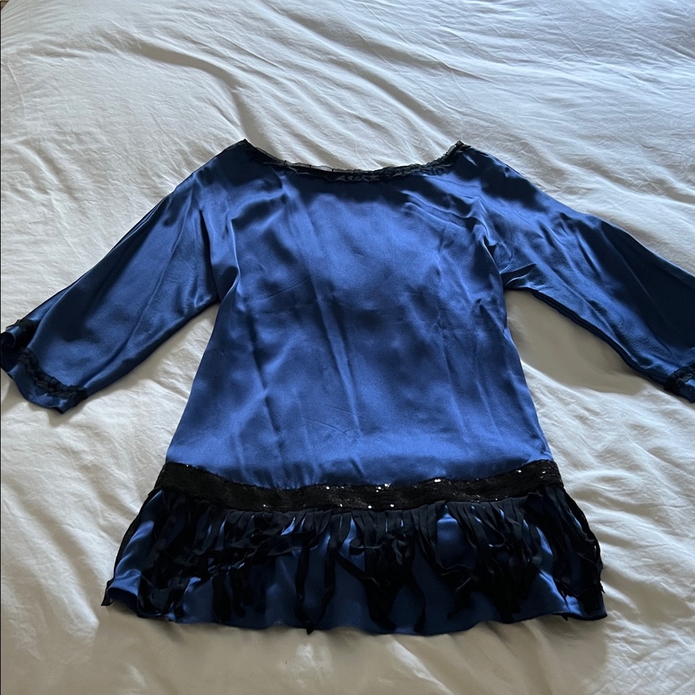 Navy Satin Sequin-Hem Dress with Boatneck